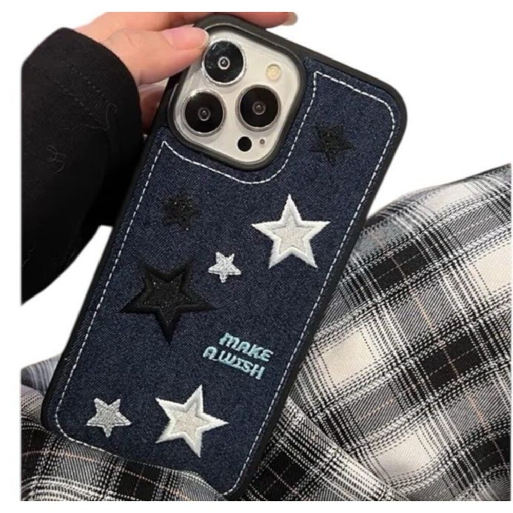 Iphone 14 Pro Max Phone Case Denim Embroidered Stars Make A Wish Hard Protective